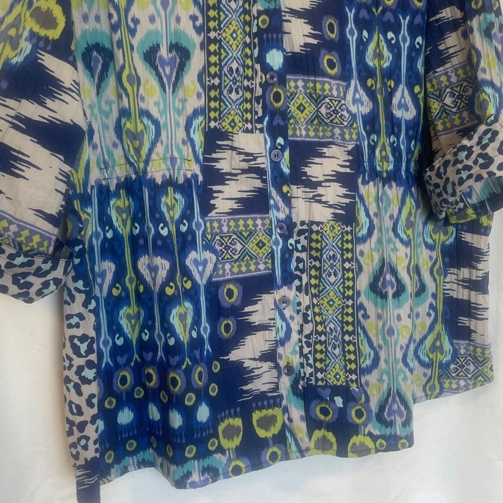 LEMON GRASS WOMAN 2X Blue and Green Button Down Blouse Preworn Great Condition - Picture 15 of 15